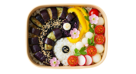 colorful bento box with assorted foods on transparent background