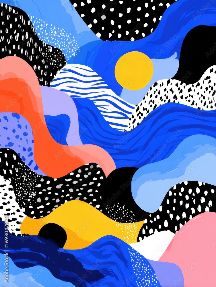 Poster colorful abstract design featuring vibrant patterns and waves with bright elements in a modern artis