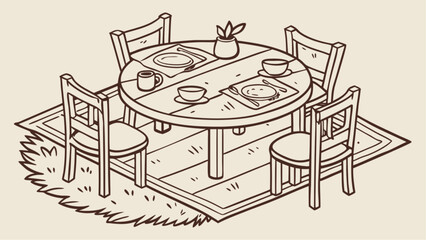 Obraz premium Hand Drawn Line of Cozy Home Dining Table Setup and Family Meal Concept, Showing Wooden Table with Plates, Bowls, Cutlery and Chairs Placed on Rug, Representing Home Dinner, Breakfast vector.