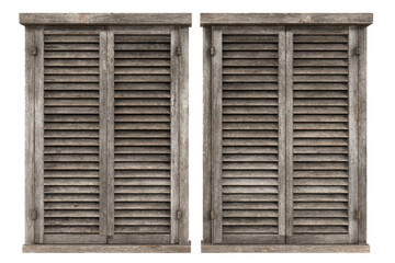 Two old weathered gray wooden window shutters isolated.