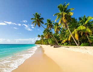 Tropical beach with palm trees under a vibrant sky