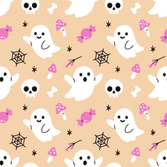 Vector spooky and creepy halloween seamless pattern with ghost, skull, bone, mushroom, candy, spider web on beige background. Cute print for wrapping and textile.
