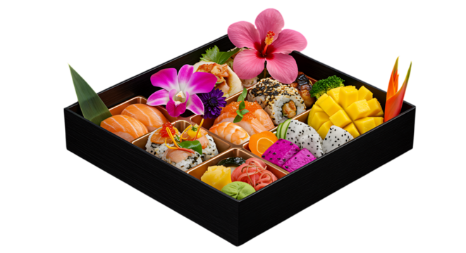 colorful sushi assortment with flowers in black box on transparent background