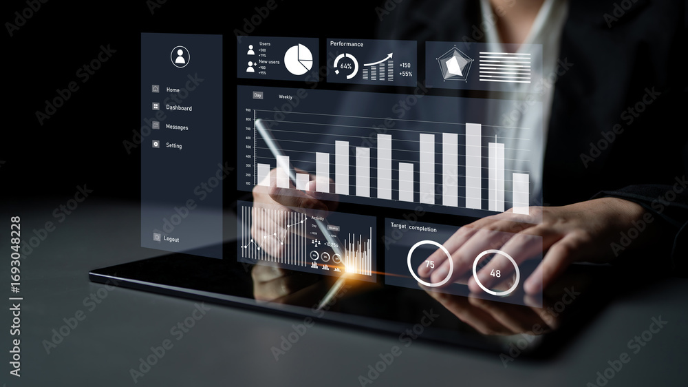 Poster a close-up view of a modern digital tablet displaying an interactive business analytics dashboard wi