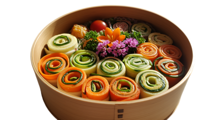 colorful sushi rolls arranged neatly in box on transparent background
