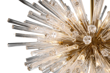 Elegant starburst chandelier with radiating glass and crystal rods.