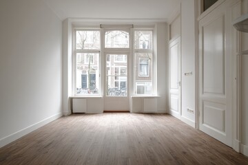 Fototapeta premium Empty room with large windows overlooking a European street