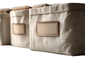 Row of beige canvas storage bins with blank labels isolated on white.
