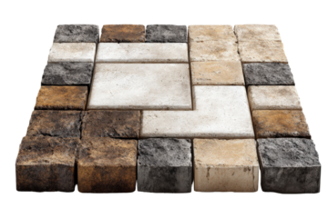 Assortment of natural stone paving blocks for landscaping.