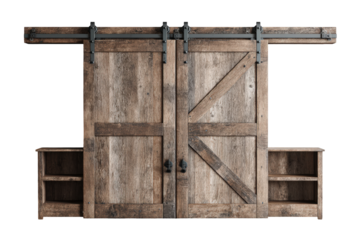 Rustic Reclaimed Wood Double Sliding Barn Doors on a Metal Track.
