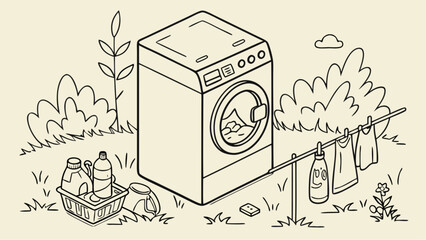 Cartoon washing machine with laundry basket and clothesline.