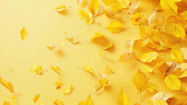 A bunch of yellow leaves are seen flying in the air