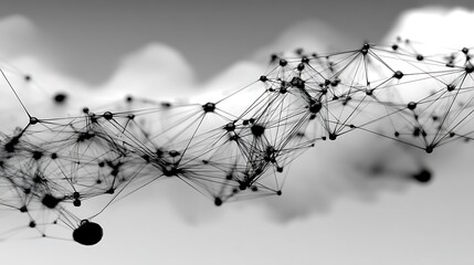 in a monotone digital illustration, a complex network of connections is displayed with small, dark circular objects serving as nodes