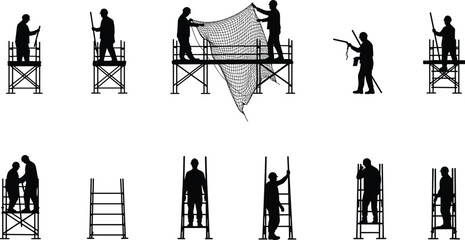 Construction workers assembling scaffolding, safety net installation, industrial work silhouettes, teamwork on site, maintenance, climbing ladders, black and white design