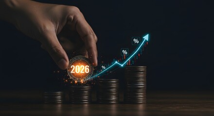 2026 Financial Growth: Hand Placing Coin on Stack with Upward Arrow Graph