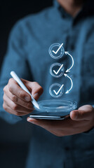 Person touching a digital checklist on a smartphone with a stylus and swirling light to-do list task management