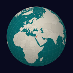 Hashemite Kingdom of Jordan on the map. Globe centered to Jordan. Country location on the world map. Teal Pale Mint color palette. Globe with countries, meridians and parallels.