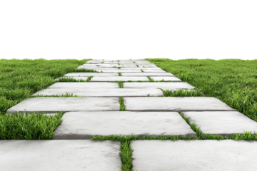 Stone slab pathway leading forward through a field of green grass.