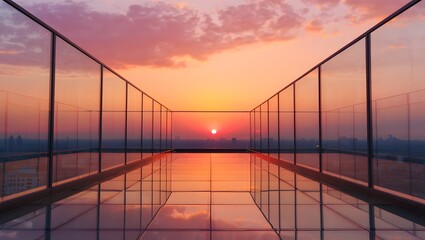 Sunset reflection on rooftop terrace with glass railings and orange sky horizon view