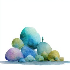 Whimsical Watercolor Hill: An Isolated Summer Landscape with Hand-Painted Stones and Nature Elements