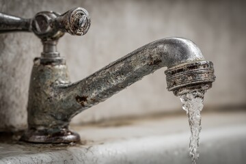 Neglected Faucet: Aged Bathroom Sink with Grimy Calcium Build-Up and Dirty Water Stream