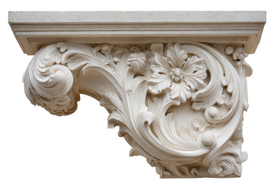 Ornate carved stone corbel with floral details isolated.