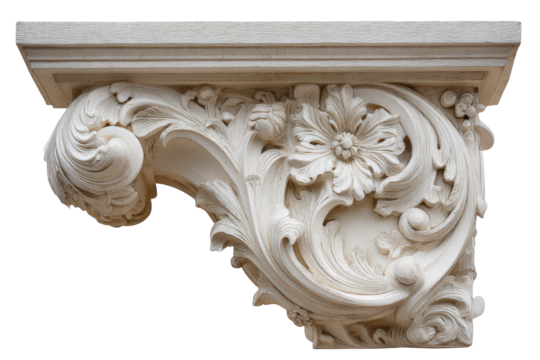 Ornate carved stone corbel with floral details isolated. - Powered by Adobe