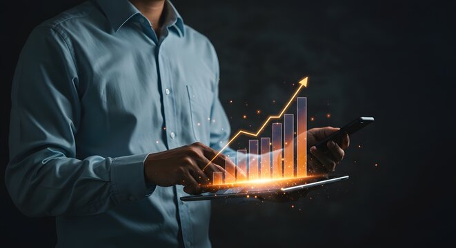 Businessman analyzing financial growth chart on tablet and smartphone