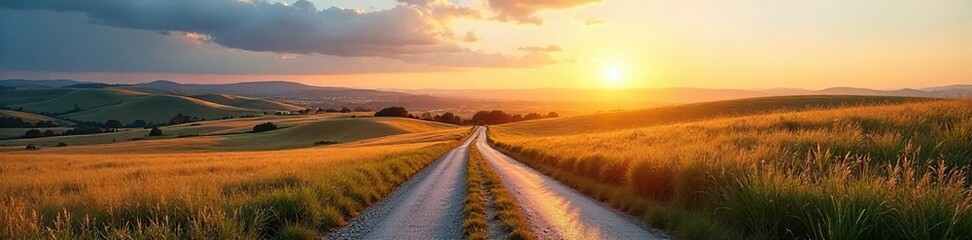 Serene landscape featuring a winding country road disappearing towards a distant horizon over rolling hills and fields under a vast sky , hills, clouds, road trip