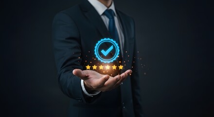 Businessman Holding Five Star Rating and Approval Stamp