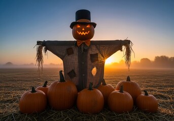 Illuminated Pumpkin Scarecrow at Sunrise in Autumn Field
