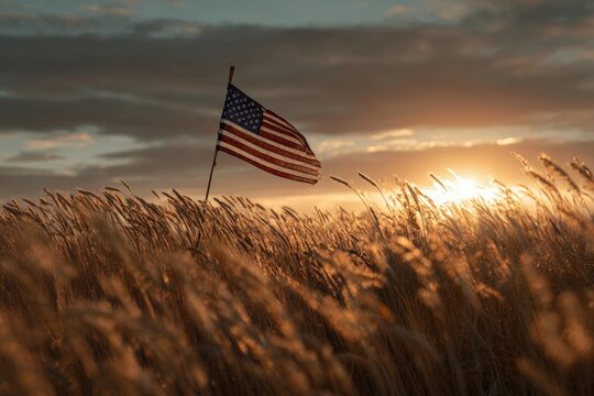 American flag in golden wheat field at sunset