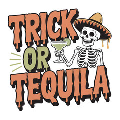 Trick or tequila halloween skull design orange text festive celebration party