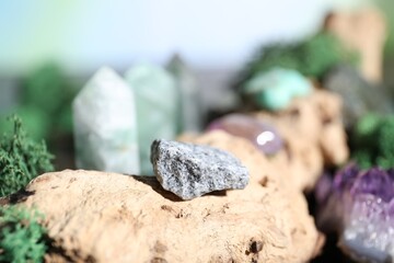 Healing stones and green moss on wood, closeup