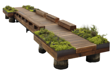 A long rustic wooden bench with integrated planters and green moss.