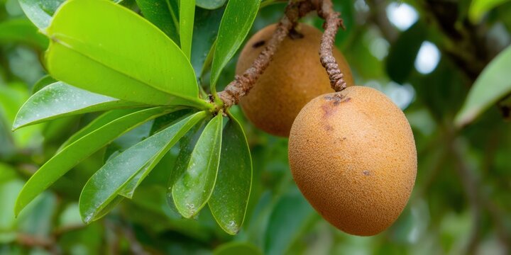 Two sapodilla fruits hang from a tree branch, surrounded by vibrant green leaves.