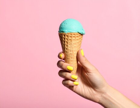 Woman Hand Holding Cyan Ice Cream Cone with Yellow Nails on Pink Background