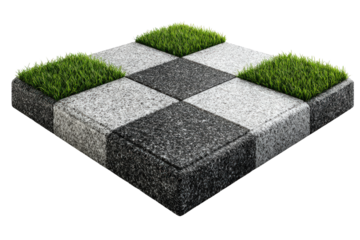 Square checkerboard paving stone with green grass tufts.