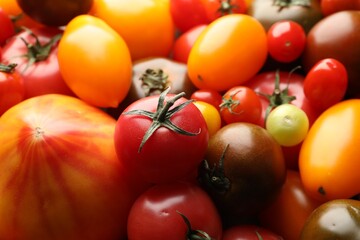 Different ripe juicy tomatoes as background, closeup