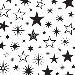 Whimsical hand drawn star pattern featuring a variety of star shapes and sizes on a white background