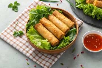 Crispy fried spring rolls cha gio served with fresh lettuce and herbs dipping sauce at vibrant street food stalls