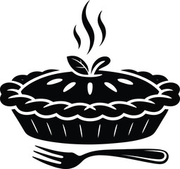 Steaming Pie Silhouette Vector Illustration: A Black and White Design Featuring a Hot Pie with Steam and a Fork on a Transparent Background for Culinary Projects