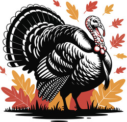 Detailed Turkey Silhouette Vector Illustration with Autumn Leaves on Transparent Background, a Black and White Design for Fall Season Decor and Graphic Projects