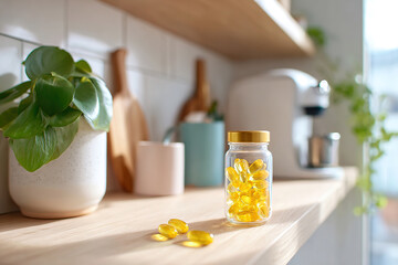 Transparent jar filled with yellow capsules on a wooden kitchen shelf near plants