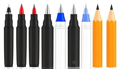 Various writing instruments in a row
