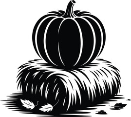 Pumpkin on Hay Bale Silhouette Vector Illustration on Transparent Background, a Black Design for Fall Season Decor and Graphic Projects