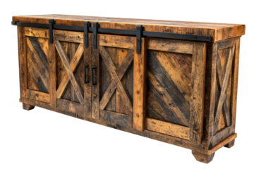 Rustic reclaimed wood sideboard cabinet with sliding barn doors.