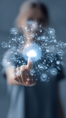 Person's Finger Interacts with a Glowing Cloud Network Display Showing Data Connections technology
