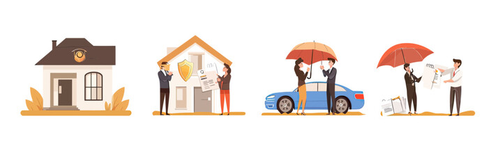 Insurance agents presenting property and auto insurance policies protecting house and car with umbrella flat vector illustrations set