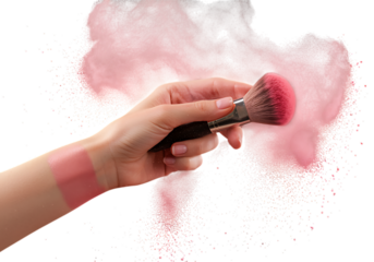 hand holding makeup brush with pink powder explosion on transparent background